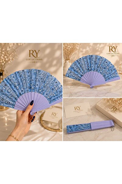 rycollections مروحة يدوية من قماش أكيرديون أزرق منقوش (بايسل)