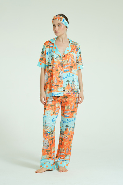 WAQUIN Short Sleeve 4 Piece Satin Pajama Set - Casablanca Escape