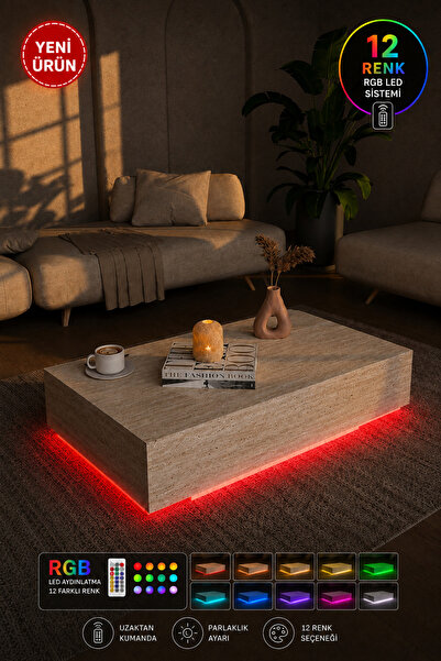 webotto 8 Divlit RGB LED Işıklı Orta Sehpa Dikdörtgen Kumandalı Traverten Des...