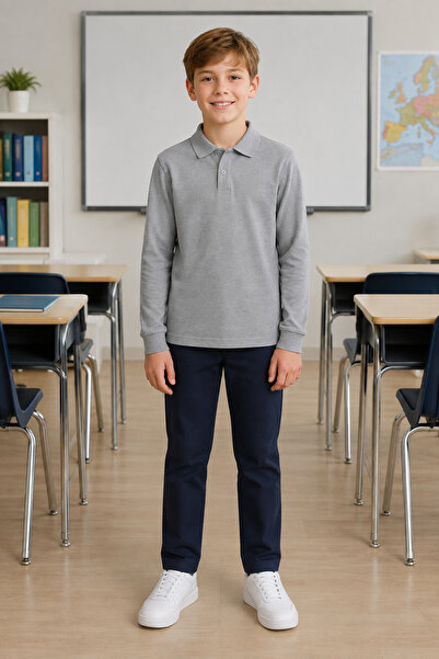 QKK Children's Unisex Gray Long Sleeve Polo Collar School T-Shirt 100% Cotton...