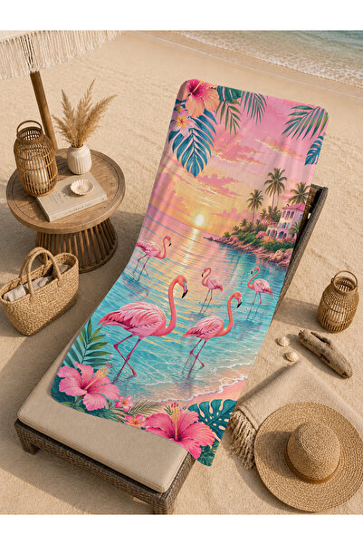 Evmila Prosop de plajă 70x150 cu model tropical de flamingo la apus de soare ...