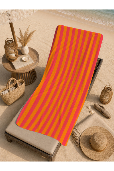 Evmila Retro Pink Red Wavy Striped Patterned 70X150 Beach Towel - Digital Pri...