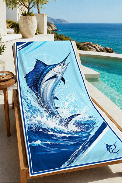 Evmila Sailor Marlin Fish Blue Wave Patterned 70X150 Beach Towel - Digital Pr...
