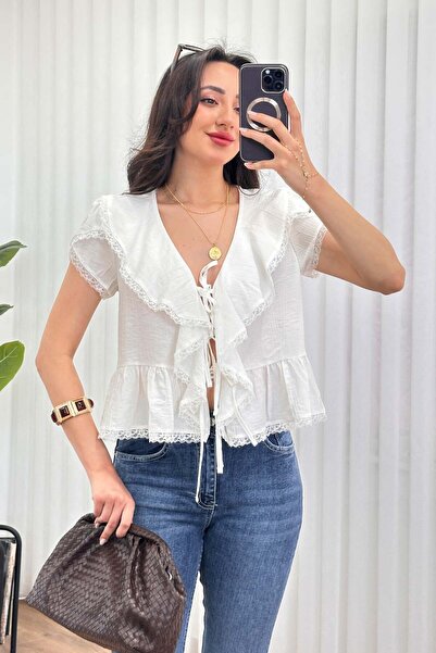 Clothes Fast Women's White Lace Detailed Tie-Up V-Neck Flounce Peplum Blouse