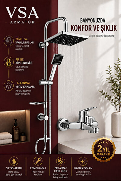 VSA Armatür Krom Robot Tepe Duş Seti + Banyo Bataryası 20x20 Yağmur Başlıklı ...
