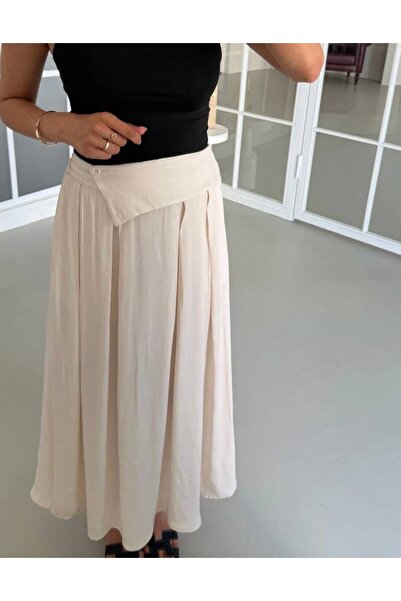 MAESTRO WOMAN Women's Beige Button Detailed Pleated Flowy Skirt with Pockets