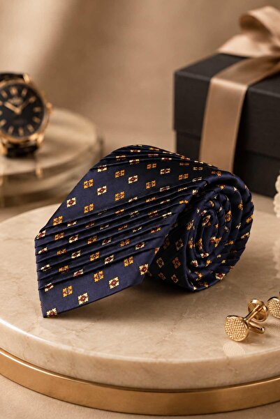 Kravatkolik Navy Blue Small Pattern Italian Silk Pleated Tie Est230