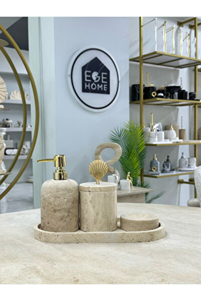 ege gross Decorative Travertine Natural 4-Piece Bathroom Set with Gold Details
