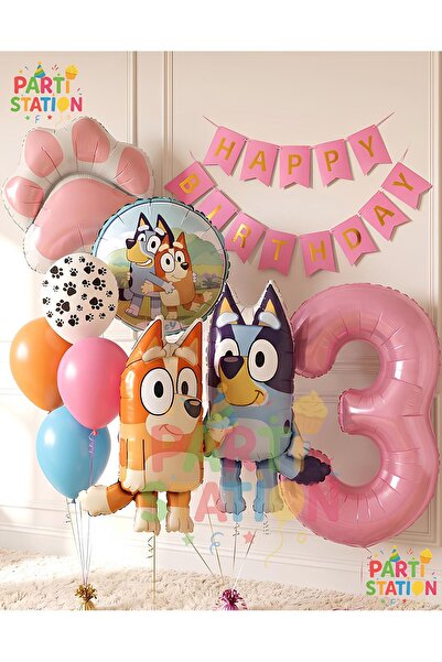 Parti Station Bluey and Chilli Themed 3-Year-Old Foil Balloon Set – 10 Pieces...