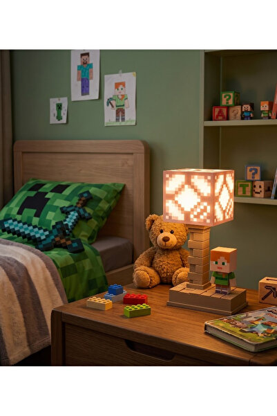 lstri Minecraft LED Gece Lambası Çocuklar ve Oyuncular İçin Masa Lambası | 5 Aydınlatma Modlu Şarj Edilebilir LED Oyun Gece Minecraft Blok Gece Lambası -LED Lamba Işığı