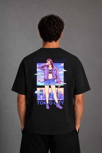 VSRN Tricou oversize negru cu imprimeu pe spate Tokyoda Design pentru femei