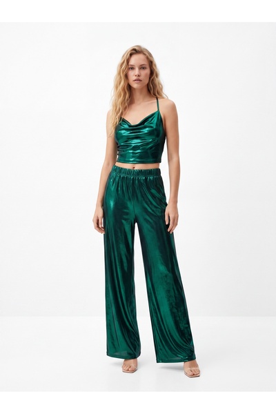 SOSEXY Γυναικείο Μεταλλιζέ Σετ Crop Top & Παντελόνα