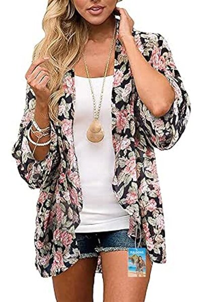GENERAL Womens Cover Ups Chiffon Floral Print Kimono Loose Shawl Cardigan Boh...