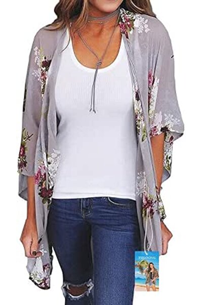YULOONG Womens Cover Ups Chiffon Floral Print Kimono Loose Shawl Cardigan Boh...