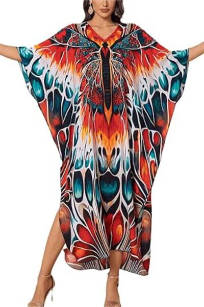 YouKD Maxi Dress V-neck Kaftan Boho Beach Bikini Cover Up Robe Plus Size Loun...