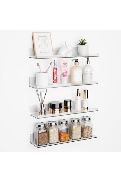 Andemina Set of 4, Acrylic Adhesive Shelf for Wall, 15" Clear Bathroom Stroag...