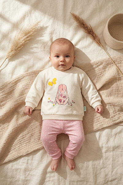 Babydonat Aura Bloom Rabbit Patterned Cream Sweatshirt and Polka Dot Pink Tro...