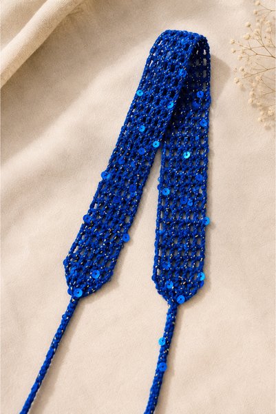 BeyzHal Cobalt Blue Sequined Gold Glitter Knitted Hair Band Adjustable Bohemian Bandana Women's Hair Accessory