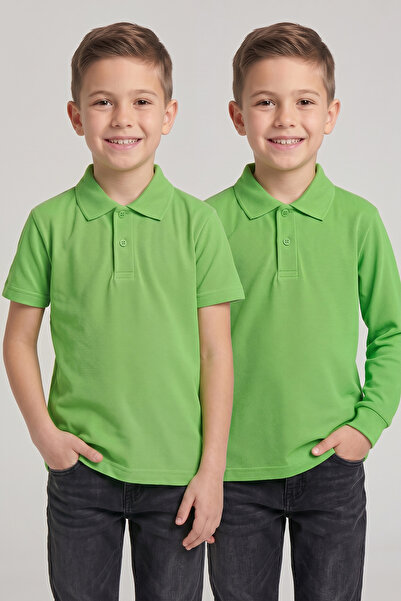 nacar çarşı Children's Green 2-Piece Polo Collar Short Sleeve and Long Sleeve...