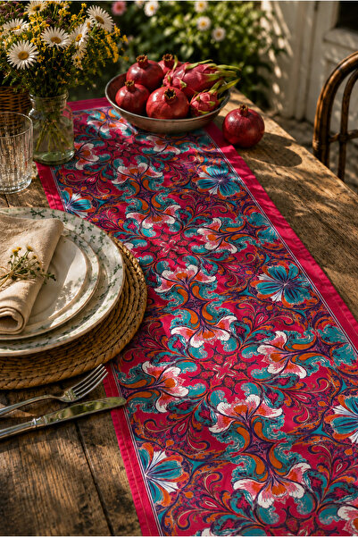 SasoHome Fuşya Turkuaz Çiçek Desenli Premium Dekoratif Runner – Yumuşak Döküm...