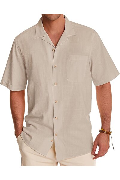 GENERAL Men's Hawaiian Linen Shirt Short Sleeve Button down Cuban Collar Cott...