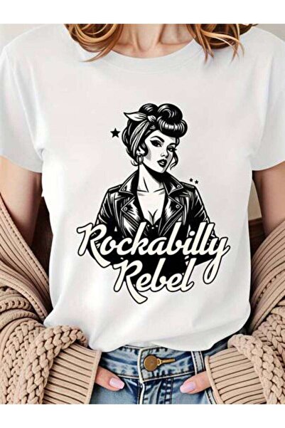 k222 Rockabilly Rebel, Women's Vintage Pinup Girl Design, Pure Cotton T-Shirt...