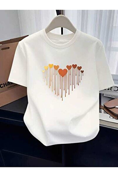 23ERVA Cute Heart Pattern, Women's Dripping Hearts Design, Pure Cotton T-Shir...