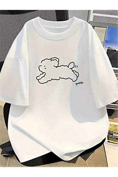 23ERVA Cute Dog Design, Women's Cloud Puppy Print, Pure Cotton T-Shirt, Summe...