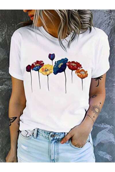 23ERVA Floral Design, Women's Colorful Poppy Flowers Print, Pure Cotton T-Shi...