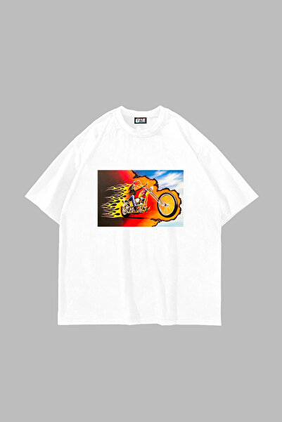 Sekizbiraltı Ghost Rider Printed Oversize Unisex White Tshirt