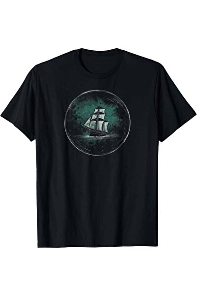 25W 's Nautical T-Shirt Black Sailboat Ship Wheel Print With Teal Lines Casua...