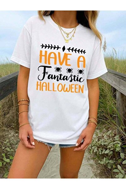4Car Pack Women T-Shirt White Breathable Short Sleeve Round Neck With Spooky ...