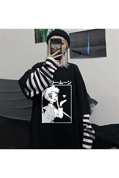 DEEFWEAR تي شيرت أسود للجنسين مطبوع عليه Sailor Moon بأكمام وهمية