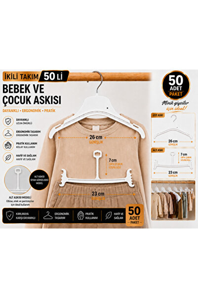 Bebek ve Çocuk Askısı 50'li Set – 25 Askı + 25 Gerdirmeli Askı | 0-24 Ay, Dayanıklı, Beyaz Çocuk Dolap Düzenleyici