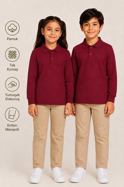 monny Long Sleeve Polo Collar Tok Fabric Cotton School T-Shirt Unisex School ...