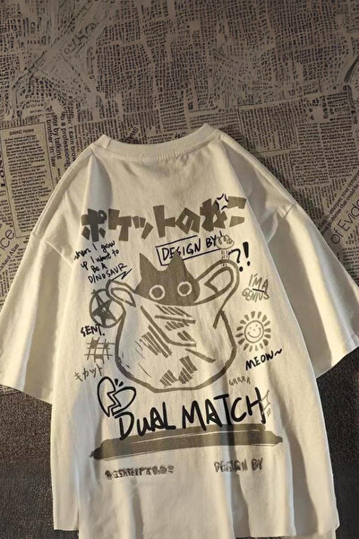 DEEFWEAR Mi̇ngalondon Dual Match Cat Back Print White Unisex Oversize T-Shirt