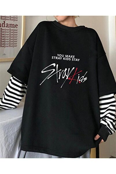 DEEFWEAR Μπλουζάκι Unisex με στάμπα Stray Kids και ψεύτικα μανίκια, μαύρο