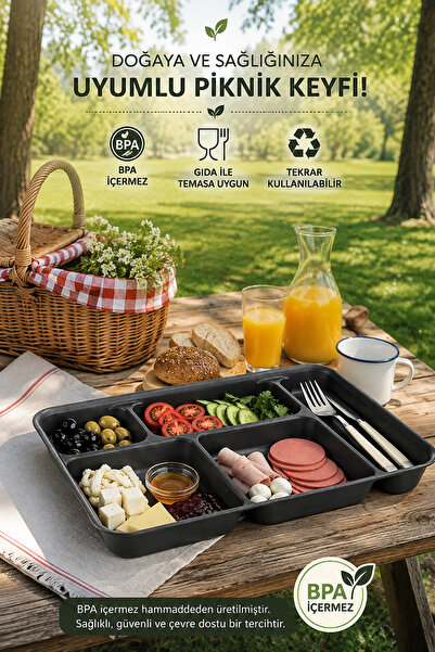 Porsima 5 Bölmeli BPA İçermez Lüks Plastik Piknik Yemek Servis Tabağı-Tabldot...