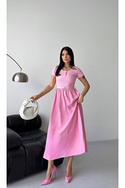 talyambutik Kadın Pembe Kemerli Uzun Elbise – Kısa Kollu, Yuvarlak Yaka, Maxi...