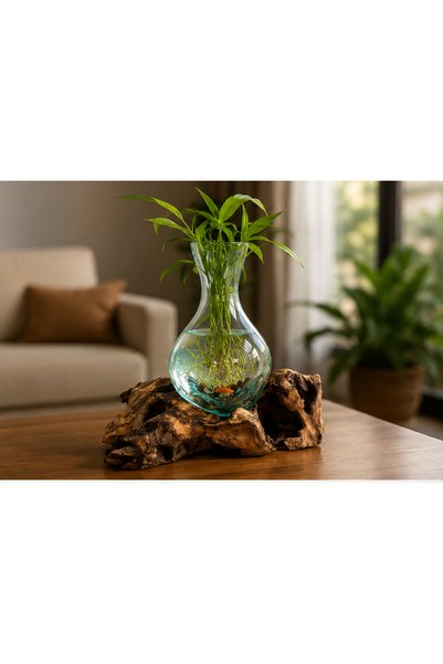 Generic Brand مزهرية زجاجية ديكورية بقاعدة خشبية طبيعية – تصميم أنيق لتنسيق النباتات المائية والزهور وديكور المنزل والمكتب