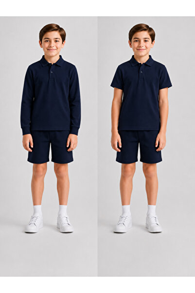 ROZELT 100% Cotton Dark Navy Blue Long Sleeve & Short Sleeve 2 Piece Polo Col...