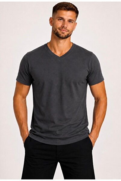 AXXEL Men's Dark Smoked Cotton V-Neck Short Sleeve T-Shirt-D804