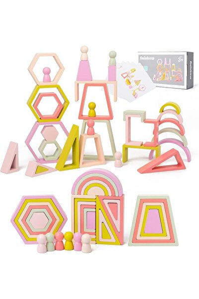 Soofam 35 Piece Wooden Rainbow Stack Set, 7 in 1 Building Blocks Preschool Ea...