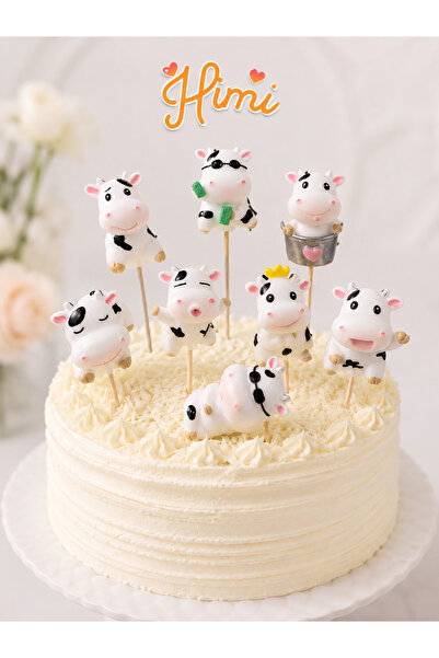 Himi Pasta Süsleri 8-Piece Cute Cow Figurine Cake Decoration Set Plastic Mini...