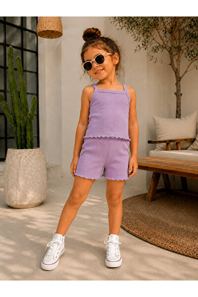 BAHNUR Girl's Lilac Color Crop Top and Shorts Two-Piece Stylish Summer Set