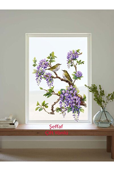 aiki Çift Yönlü, Mor Salkım Çiçeği ve Kuşlar, Cam, Duvar Sticker, 49 x 65cm