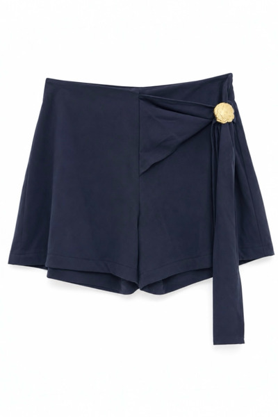 FEG STORE Women's Navy Blue Gold Buckle Tie-Up Tencel Shorts