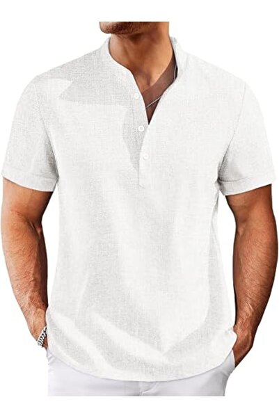 Runcati Mens Henley Shirts Short Sleeve Casual Linen Band Collar T-Shirt Summ...