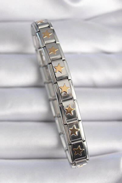 SORA GROUP 316L Steel Silver Color Gold Star Engraving Nomination Charm Bracelet