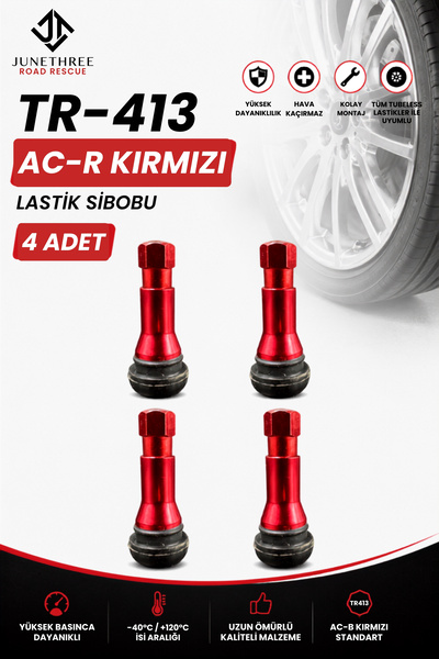 JuneThree TR-413 AC Kırmızı Lastik Sibobu 4 Adet Metal Oto Sibop Seti Tubeless Jant Sibobu Kauçuk Tabanlı Lastik Valfi